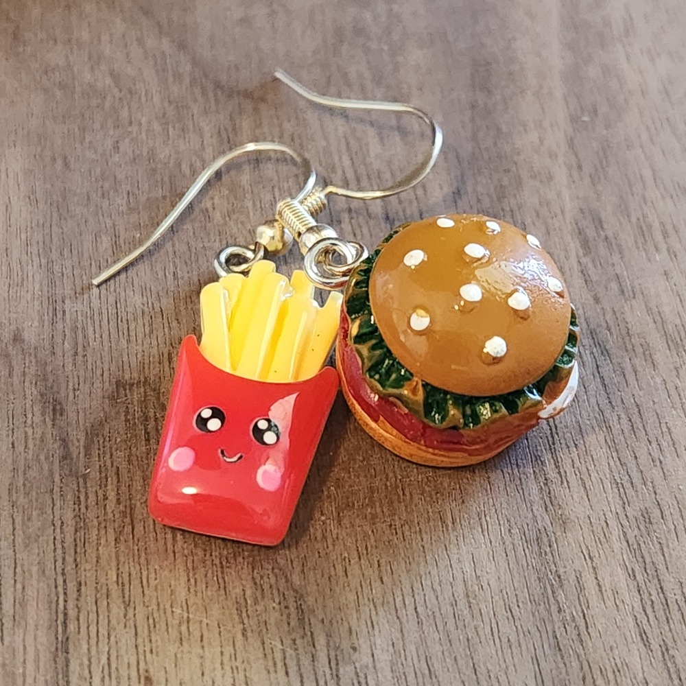 Handmade Burger and Fries‎ Mismatched Dangle Earrings Fast Food Novelty Jewelry